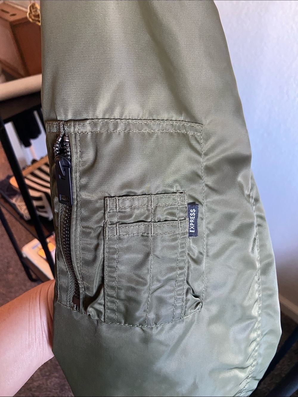 Express Olive Green Bomber Jacket with Black Hood - Picture 4 of 6